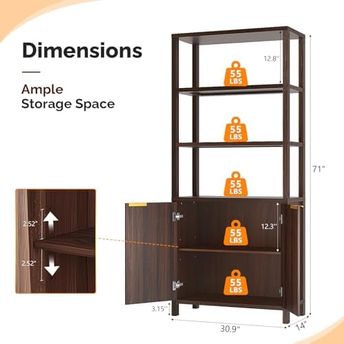 VINGLI Bookcase with Fluted Doors, 71" Wood Storage Cabinet with Adjusta...