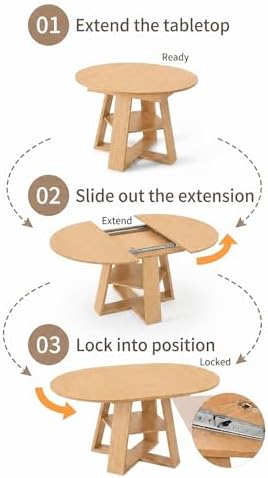 5 Piece Round Extendable Dining Table Set for 4, 43"-59" Natural Wo...