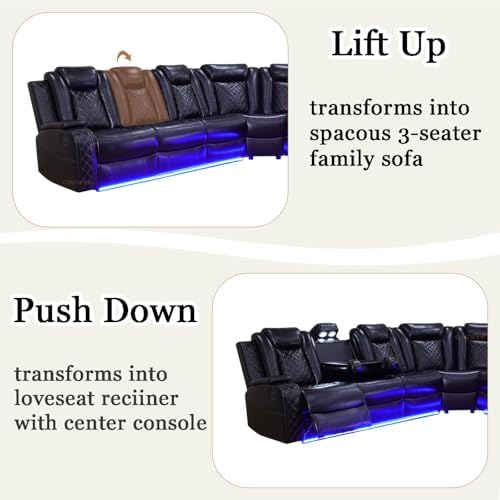 Living Room Furniture Set, Power Sectional Recliner Sofa and Chair Set with LED Light, Air Leather Electric Reclining Sofa with 5 Recliner Seats/Cup Holders/USB Port/Storage Console for Living Room