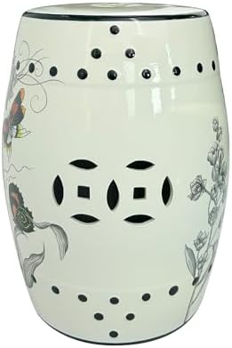 Hand-Painted Floral Bird Ceramic Drum Stool - Oriental Artistry Storage Ottom...