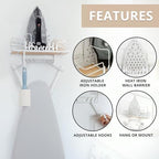 Farmhouse Ironing Board Hanger Wall Mount or Over the Door - Universal Laundry Room Ironing Board Holder Caddy with Iron Holder Shelf - Adjustable Hooks to Hold Ironing Boards Large & Small - White
