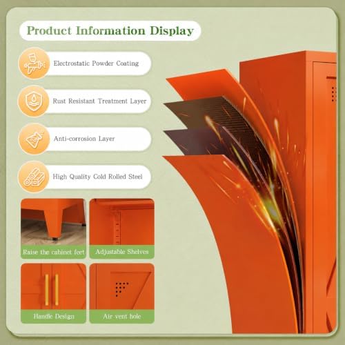 Metal Storage Cabinet with Adjustable Shelves and Doors, Orange