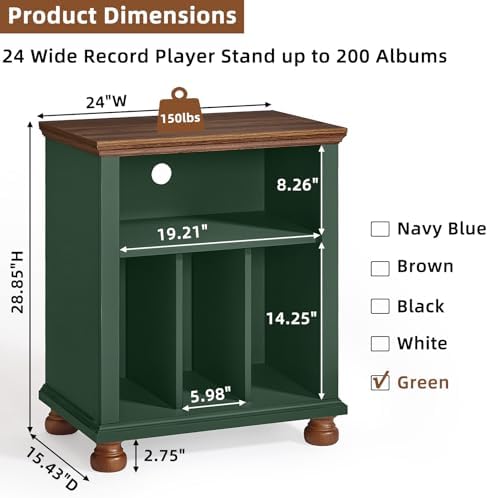 Joaxswe 24" Wide Record Player Stand with Vinyl Record Storage, Green | ...
