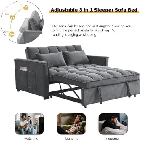 54'' Sleeper Sofa Bed, Convertible Pull Out Couch Futon with Side Pockets, Velvet Loveseat Sofa Bed with Adjustable Backrest, Armrest Pillows for Living Room Dorm Apartment, Dark Gray