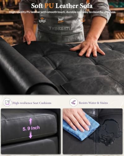 TYBOATLE 88'' Black Faux Leather Couch with USB, 3-Seater | Faux Leat...