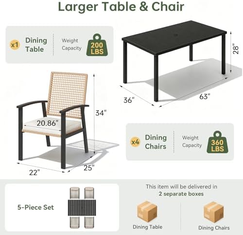 Aoxun 5-Piece Wicker Patio Table and Chairs Set for 4 with Umbrella Hole