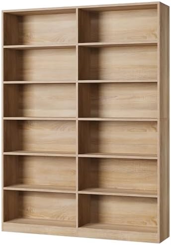 FACBOTALL Bookshelf Tall Bookcase, 6-Tier Double Wide Bookshelves,Light Oak