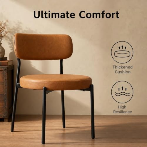 Mid-Century Modern Dining Chairs Set of 4, Brown Matte Faux Leather Kitchen C...