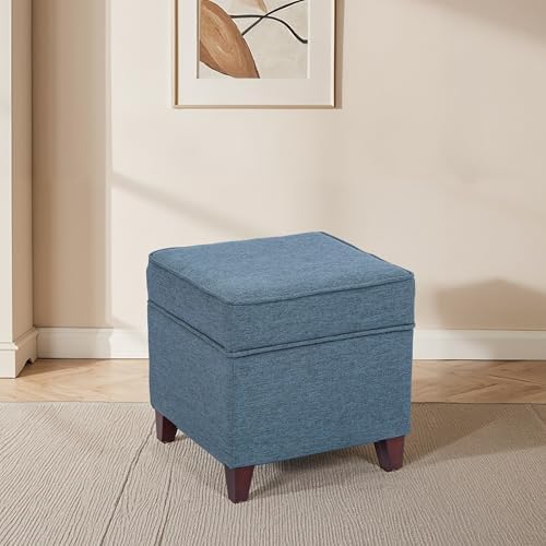 Adeco 17" Square Ottoman with Storage, Small Blue Storage Ottoman Foot R...