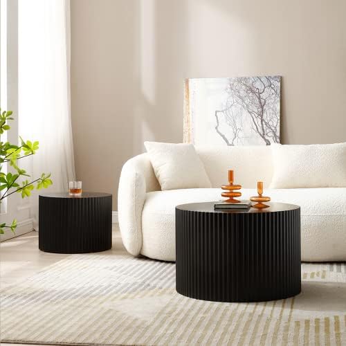 WILLIAMSPACE Black Round Nesting Coffee Table Set of 2, Modern Wooden Center ...