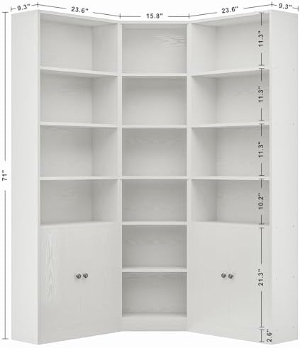 IRONCK Corner Bookshelf, 71" Tall Bookcase with 2 Storage Cabinets, White