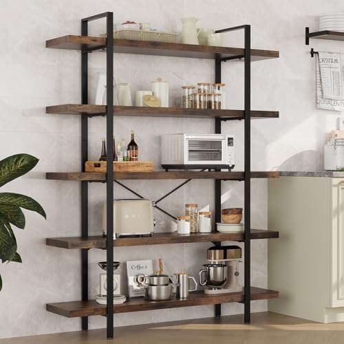 2PCS Heavy Duty 5 Tier Industrial Bookcase for Home Office, Rustic Brown | 47" Wide Wood Bookshelf,120 lbs Shelf Capacity, Rustic Open Shelving Display,3CM Upgraded Thicken Board,Easy to Assemble