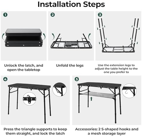 3ft Folding Camping Table with 3 Adjustable Height Max 27.3 Inch