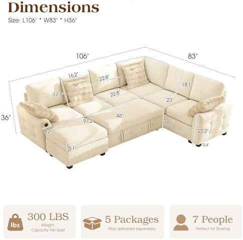 Ihanherry 106-inch Large L-Shaped Sectional Sofa Bed, 7-Seater Convertible Pu...
