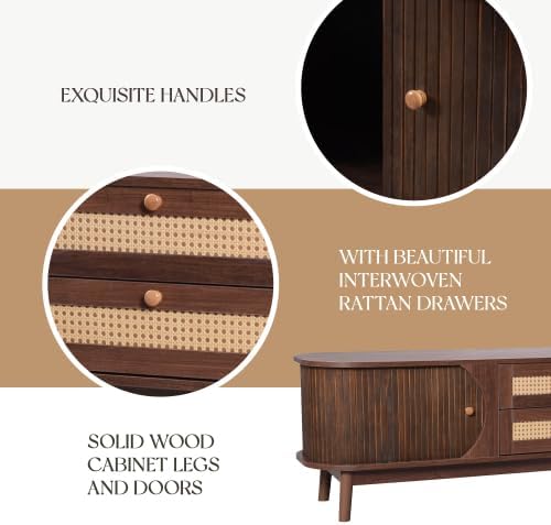 Bellemave Rattan TV Stand for up to 75", Modern Media Console with 2 Cabinets & 2 Drawers, Solid Wood Entertainment Center with Sliding Doors for Living Room, Bedroom (Walnut)