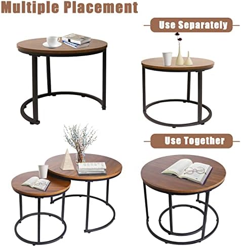 aboxoo Coffee Table Nesting Side Round Set of 2 End Table Top Sturdy Metal Fr...