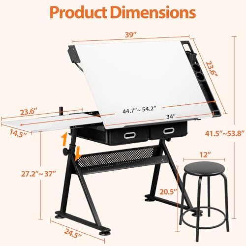 SUPER DEAL Adjustable Drafting Table Set with Charging Station, Tilting Drawi...