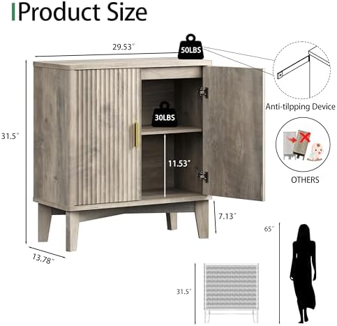 Xixini Fluted Sideboard Buffet Cabinet, 30" Wood Coffee Bar Cabinet, Grey