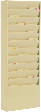 Durham Displays2go Hanging File Folder Rack with 11 Tiered Pockets, Wall Mount Office Organizer - Tan Powder-Coated Steel