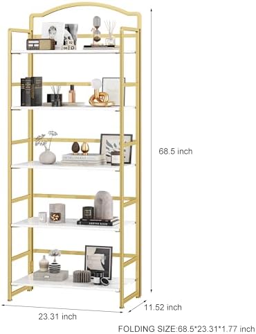 JSB 5 Tier No Assembly Folding Bookshelf, Arched Bookshelf, Foldable Bookcase...