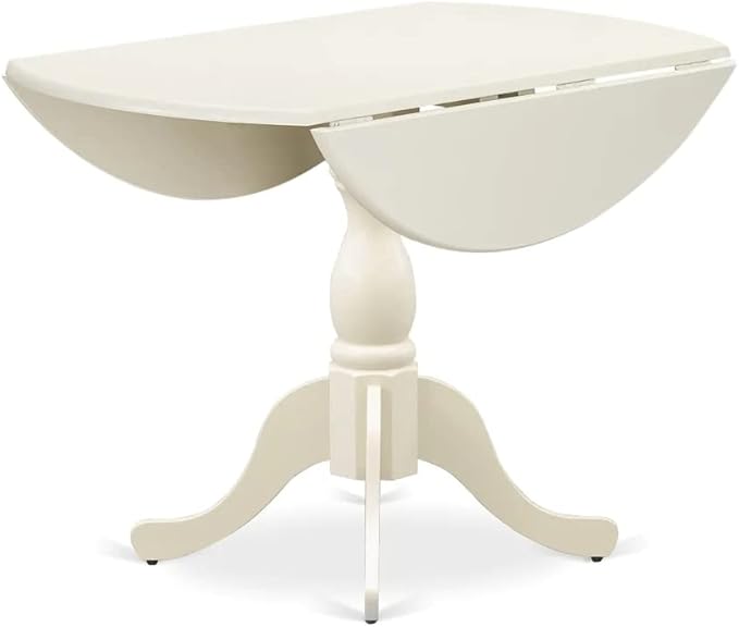 East West Furniture DMAV3-LWH-W 3 Piece Dining Room Table Set Contains a Round Dining Table with Dropleaf and 2 Wood Seat Chairs, 42x42 Inch, Linen White