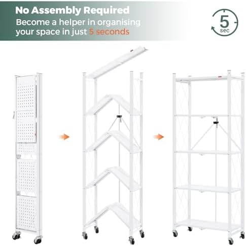 DEANIC 5-Shelf Folding Bookcase with Wheels, Rolling Bookshelf Heavy Duty Sto...