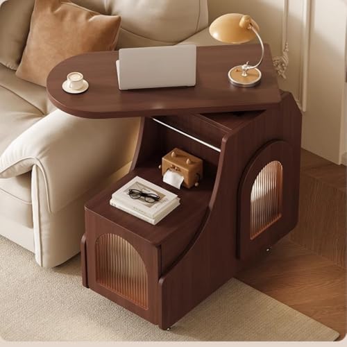 Mobile Side Table with Storage, Sofa End Table with Rotating Top, Glass Door ...