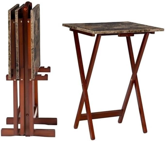 Riverbay Furniture 5 Piece TV Tray Table Set, Faux Marble Tops, Rubberwood an...