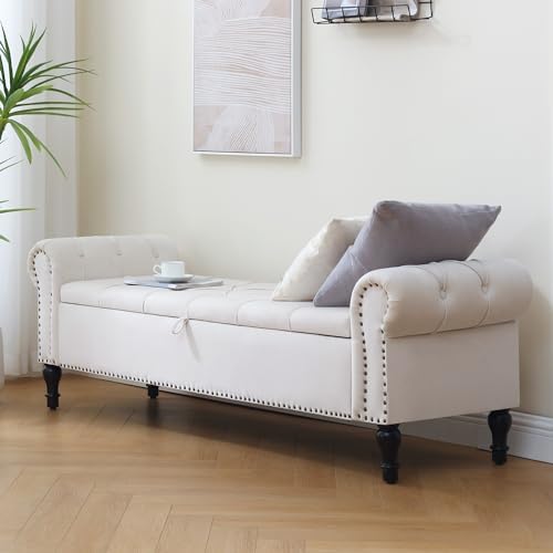 Velvet Storage Bench 67 Inch Upholstered Tufted Ottoman Bench with Arms Large...