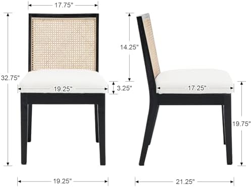 Rattan Dining Chairs Set of 2, Farmhouse Boucle Kitchen Chairs with Cane Back, Upholstered Sherpa Dining Room Chairs Comfy Side Wood Chair for Living Room/Restaurant, Black Sherpa