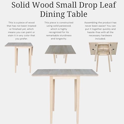 IC International Concepts Solid Wood Small Drop Leaf Table, Unfinished
