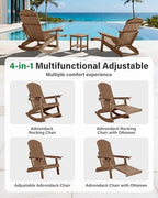 YEFU Adirondack Rocking Chairs, Adirondack Chair with Footrest, Teak | 5- Level Adjustable Backrest, Retractable Ottoman & Cup Holder, Like Real Wood, for Outdoor/Patio/Porch, Heavy Duty, 400 lbs