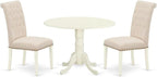 East West Furniture DLBR3-WHI-02 3 Piece Modern Dining Table Set Contains a Round Wooden Table with Dropleaf and 2 Light Beige Linen Fabric Parson Dining Chairs, 42x42 Inch, Linen White