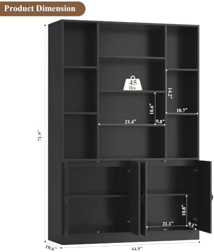 HOSTACK 72" Tall Bookshelf, Large Farmhouse Bookcase with Storage, Black