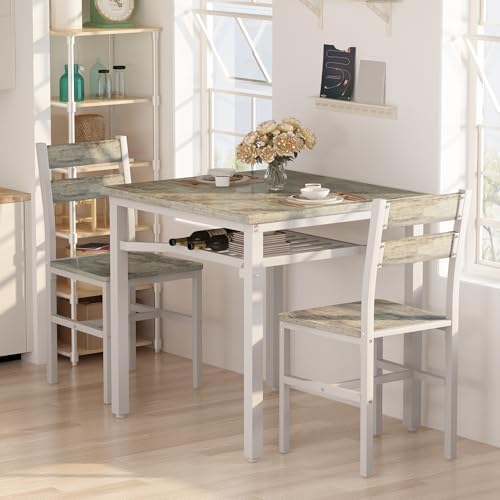 Hooseng 3 Piece Dining Table Set for 2, Small Wooden Kitchen Table with Stora...