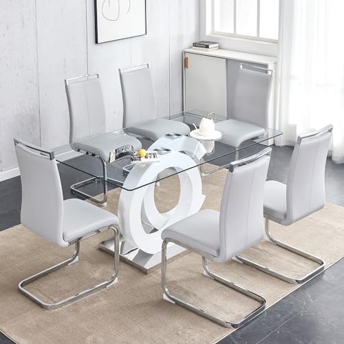 63'' Dining Table Set for 6,Modern Glass Dining Room Table Set for 6,...