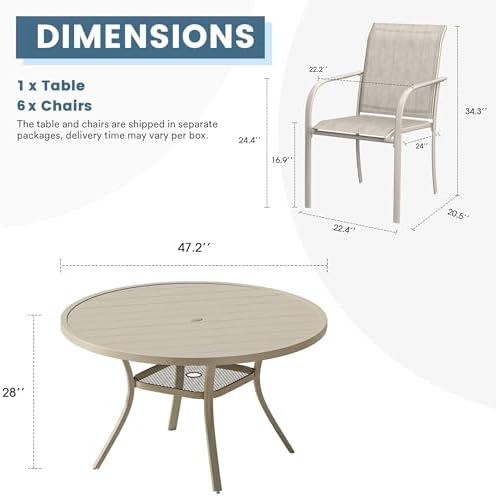 DIFY 7 Pieces Outdoor Patio Dining Set for 6, 47.2" Sandshell Round Dini...