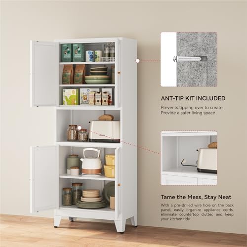 YAUWOH 69" Tall Metal Kitchen Pantry Cabinet with Microwave Shelf, 4 Doo...