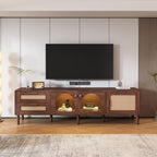 Bellemave Modern TV Stand with LED Lights & Glass Doors, Rattan Media Console with 3 Cabinets & 2 Drawers for up to 80", Solid Wood Entertainment Center for Living Room, Home Theatre (Dark Brown)