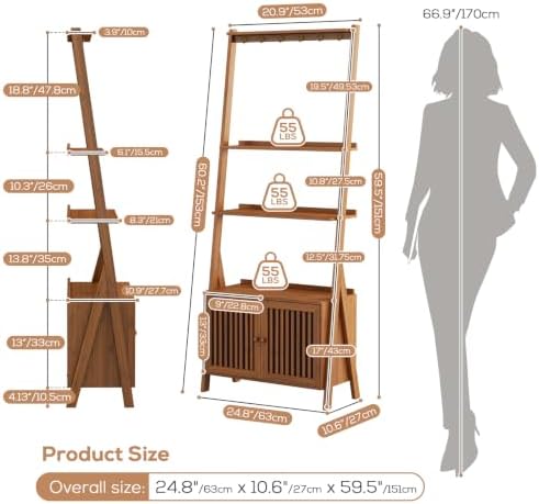 Bookcase with Drawers, Ladder Shelf 4-Tier Bamboo Bookshelf with 6 Hooks