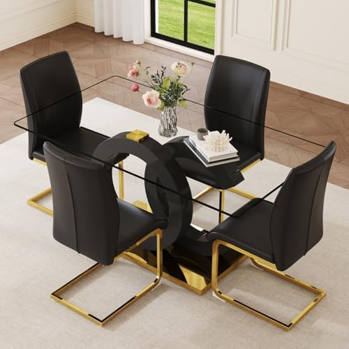 63" Glass Dining Table Set for 4, Modern Dining Table Set for 4, Tempere...