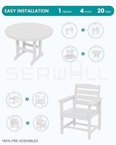 SERWALL 5-Piece Patio Dining Set, 45" Round Table, 4 Chairs, White