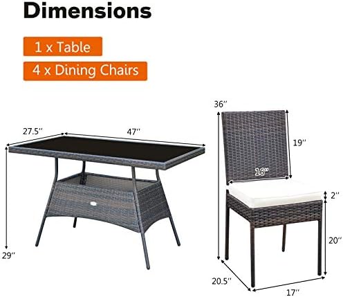 Tangkula 5 Piece Patio Wicker Dining Set, Outdoor Rattan Table and Chairs wit...