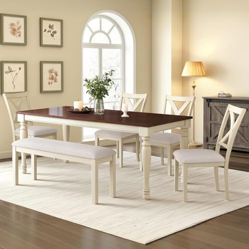 LUXOAK 6 Piece Solid Wood Dining Table Set with 71" Farmhouse Table