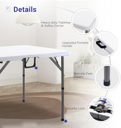 34" Square Folding Card Table,Fold-in-Half Utility Portable Table,White ...