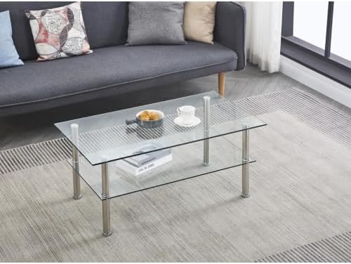 Modern Glass and Metal 2-Tier Side Table, Transparent Tstructure with Storage...