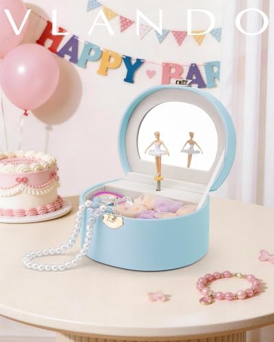 VLANDO Musical Jewelry Box for Girls, Arc Design with Spinning Ballerina | Large Compartment for Small Treasures, Plays Canon Melody, Built-In Mirror and Soft Carry Handle, Birthday Christmas Gift