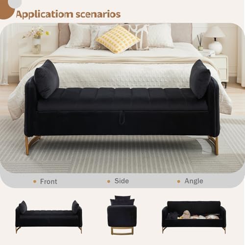 66" End of Bed Storage Bench King Size, Storage Benches for Bedroom, Bla...