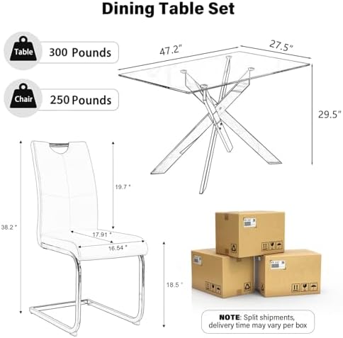 5-Piece Dining Table Set for 4, Modern Rectangular Glass Table with 4 Upholst...