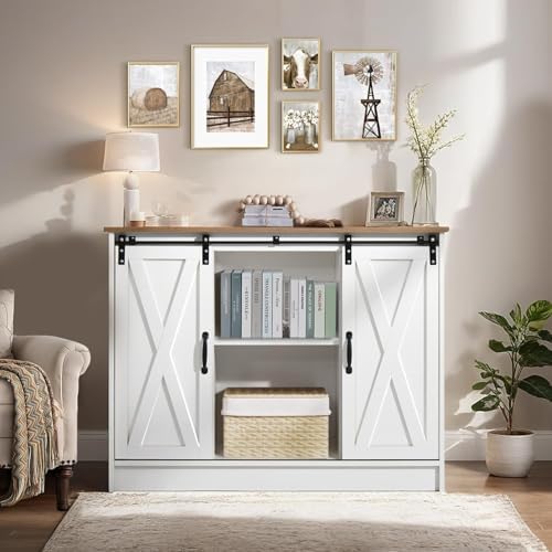 4 EVER WINNER Coffee Bar Cabinet with Sliding Barn Doors, 42”Farmhouse Buffet...